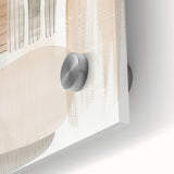 Close-up of abstract minimalist wall art displayed on acrylic glass, featuring soft pastel colors and geometric shapes, ideal for modern decor and aesthetic appeal.