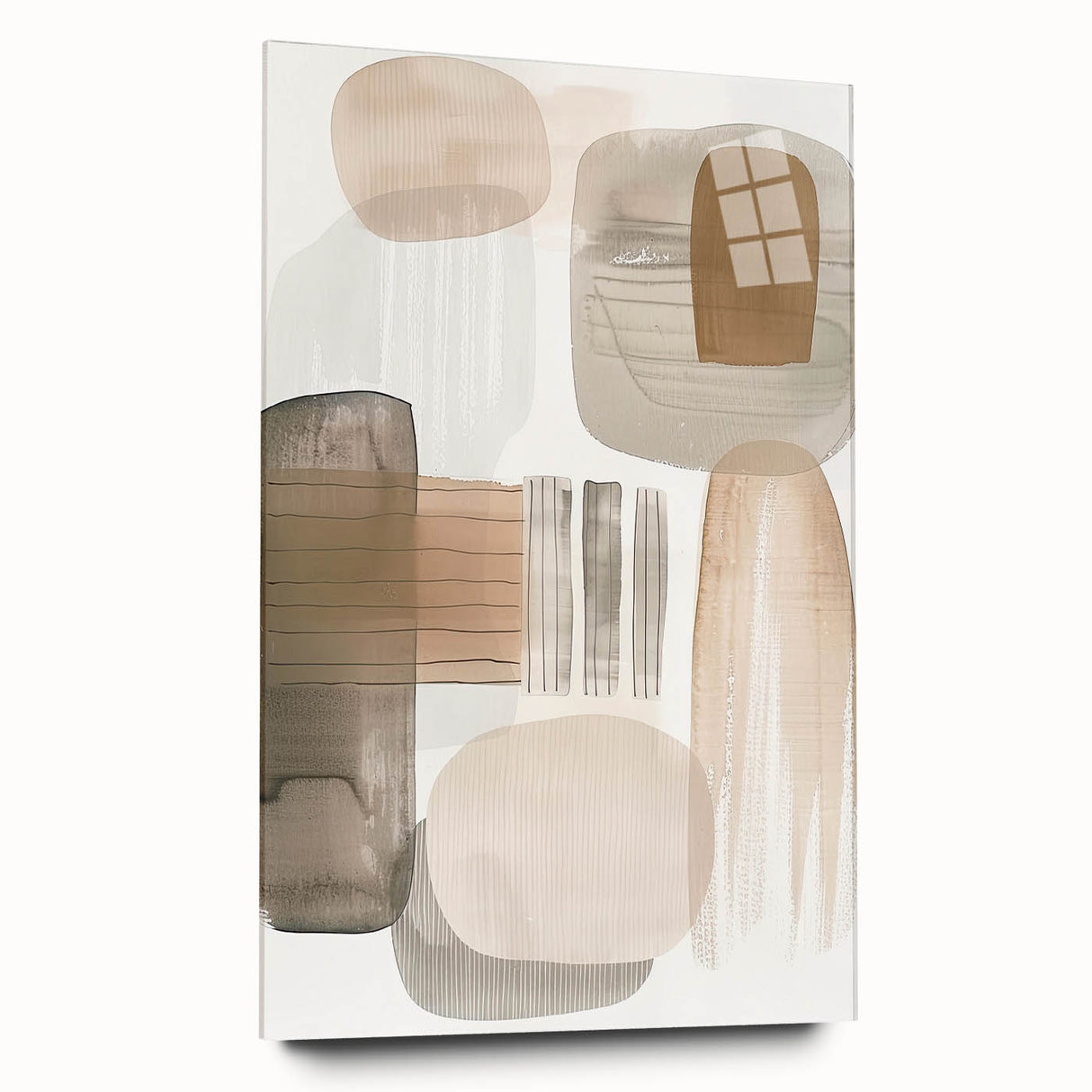 Abstract minimalist wall art design displayed in a sleek acrylic frame, showcasing soft color gradients and geometric shapes, ideal for modern decor.