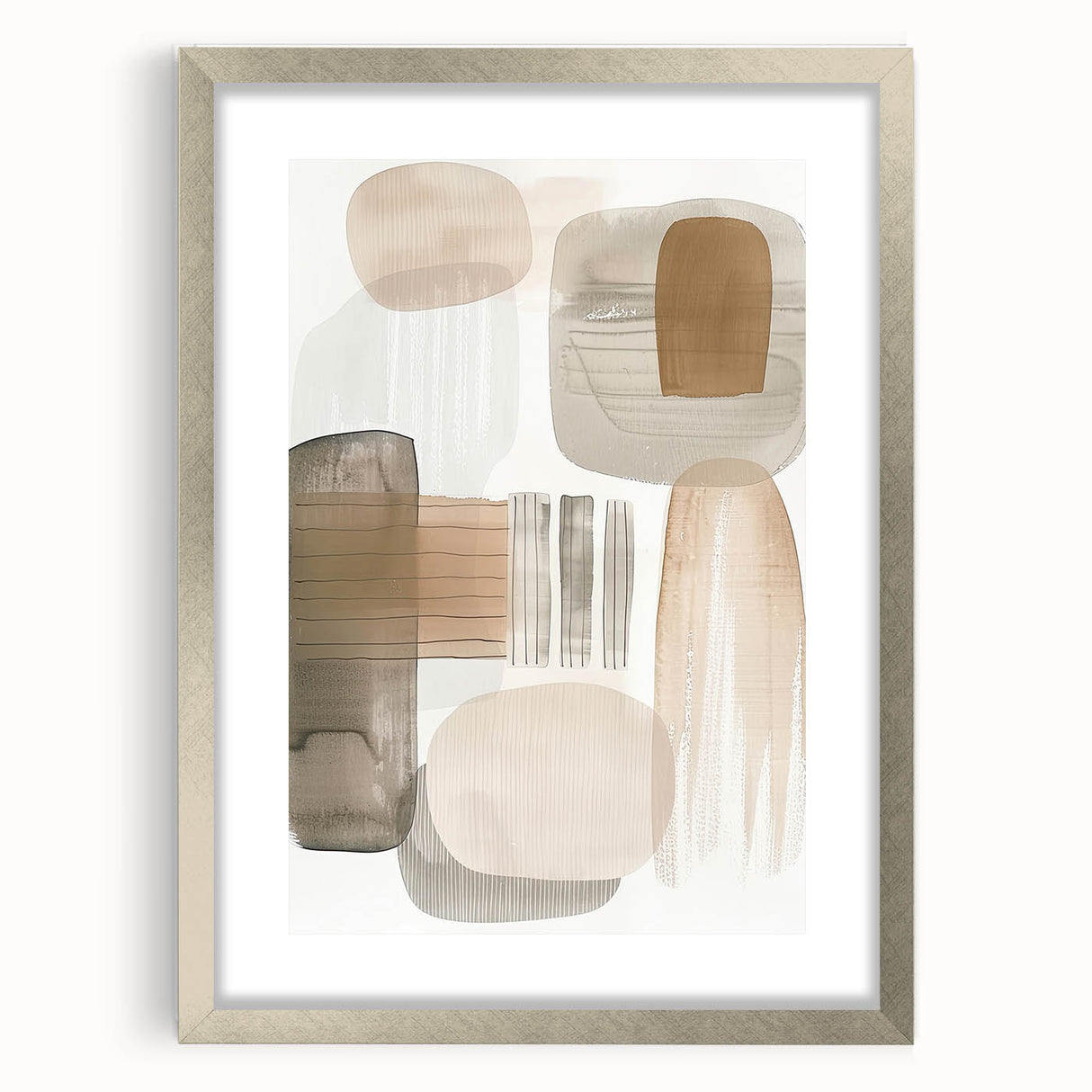 Abstract minimalist wall art framed in silver, featuring geometric shapes and soft color tones, ideal for modern home decor, showcasing elegance and simplicity.