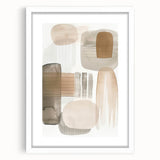 Abstract minimalist wall art framed in white with a mat, showcasing geometric patterns and soft color tones, perfect for modern home decor.