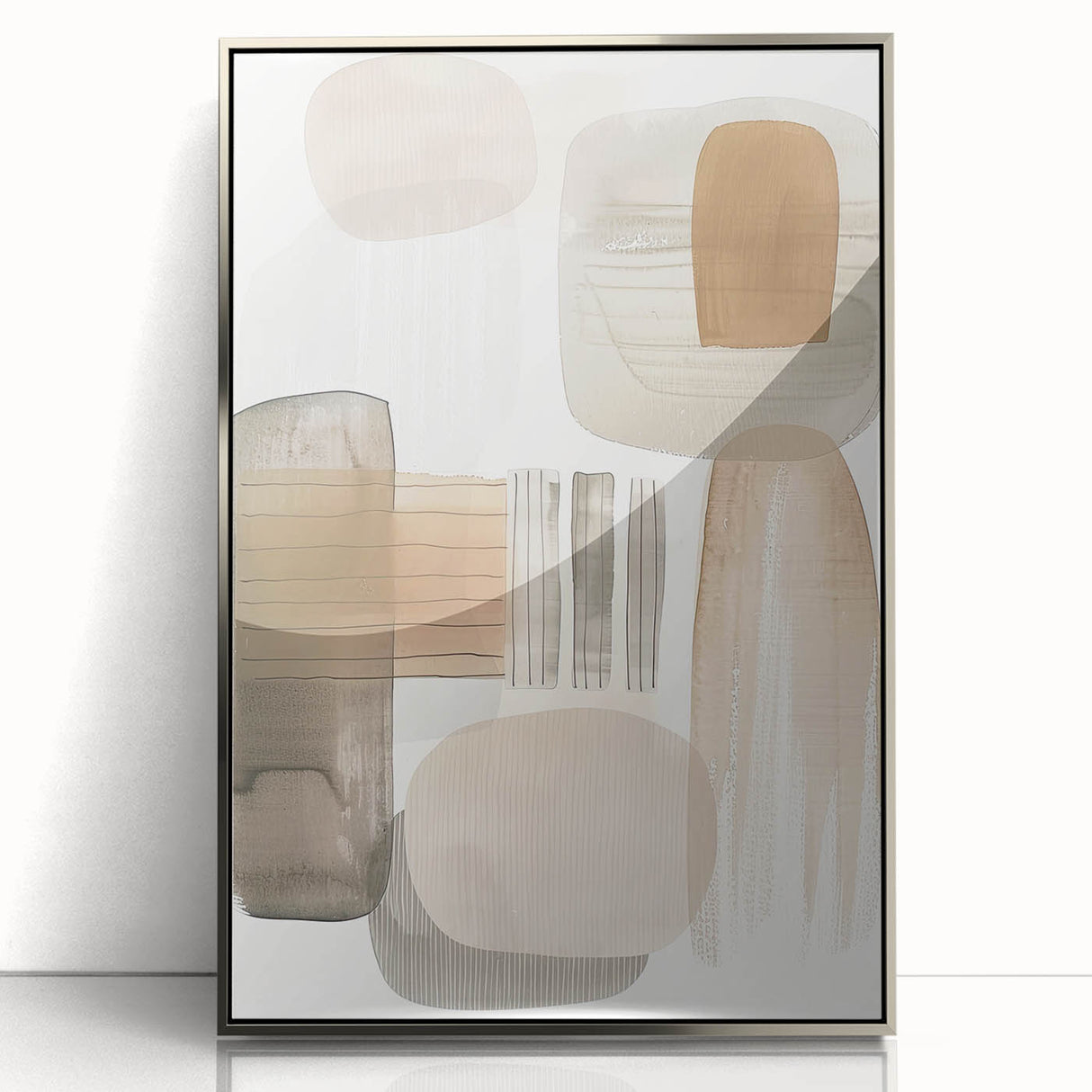 Framed abstract minimalist wall art in silver acrylic, showcasing geometric shapes and soft neutral tones, perfect for modern decor and enhancing interior aesthetics.