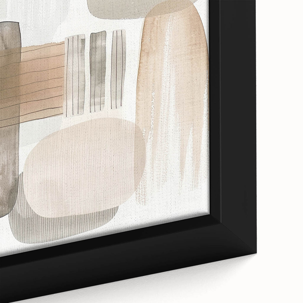 Close-up of a framed abstract minimalist wall art piece showcasing soft pastel colors and geometric shapes, perfect for modern home decor and aesthetic appeal.