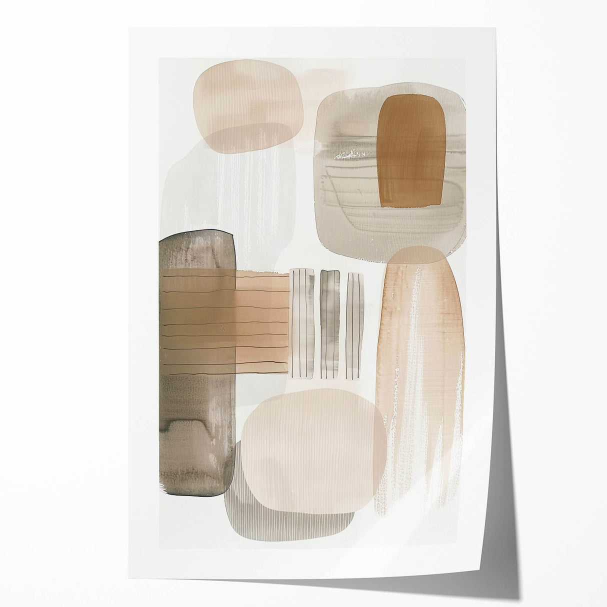 Abstract minimalist wall art print featuring soft pastel colors and geometric shapes, elegantly rolled and packaged in a protective cardboard tube for shipping.