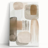 Abstract minimalist wall art on stretched canvas, featuring soft earth tones and geometric shapes, leaning against a white wall, ideal for modern home decor.
