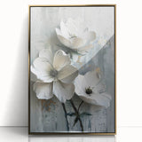 White Floral Living Room Wall Art - Modern Textured Canvas Print