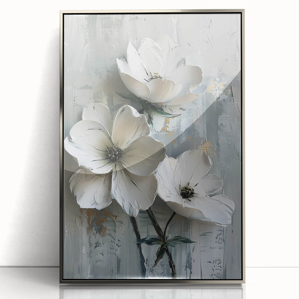 White Floral Living Room Wall Art - Modern Textured Canvas Print