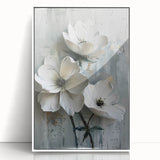 White Floral Living Room Wall Art - Modern Textured Canvas Print