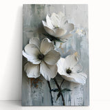 White Floral Living Room Wall Art - Modern Textured Canvas Print