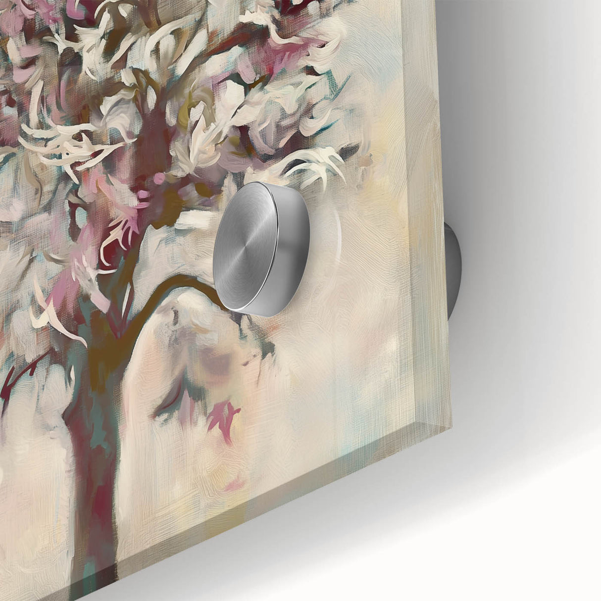 Close-up of an abstract floral acrylic artwork featuring vibrant colors like blue, pink, and green, showcasing intricate details and a glossy finish, perfect for modern decor.