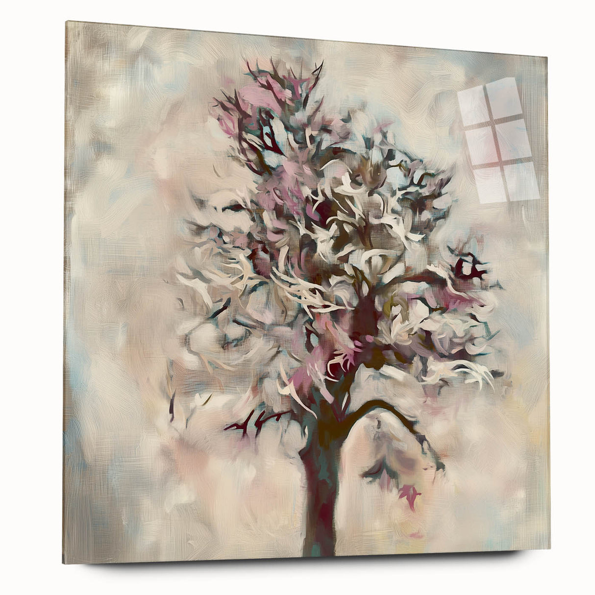 Abstract floral acrylic glass artwork displayed in a side view, featuring vibrant colors and intricate patterns, ideal for modern interior decor. Perfect for enhancing living spaces with a touch of elegance.