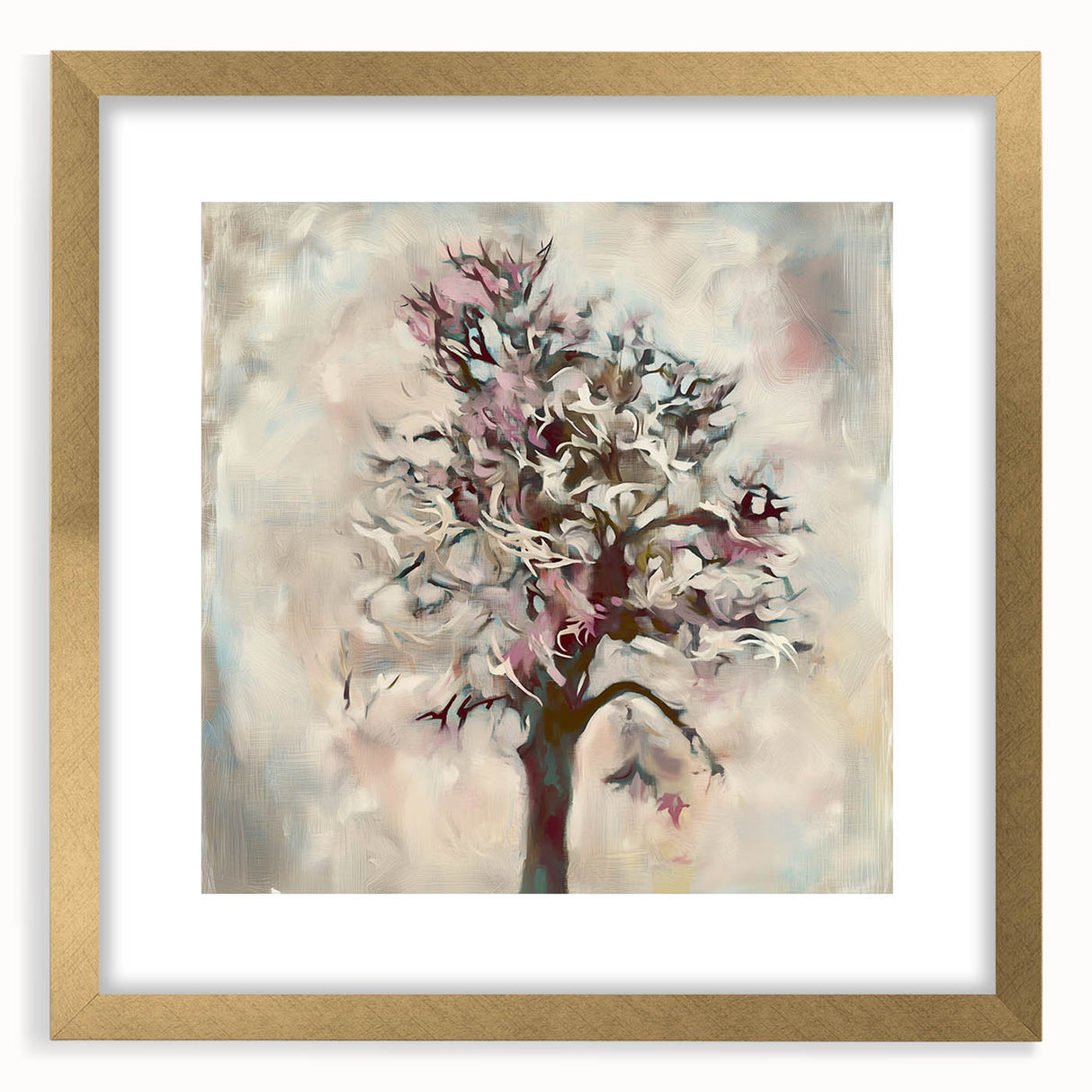 Elegant abstract floral frame with a gold mat, showcasing a stylish front view of intricate designs, perfect for enhancing modern home decor or gallery walls.