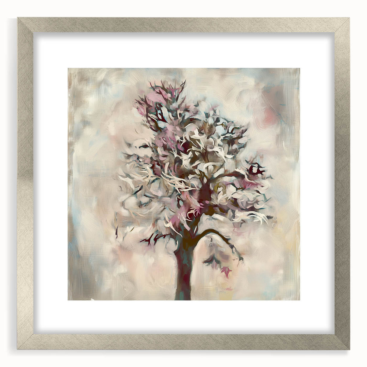 Abstract floral framed artwork with a silver mat, showcasing vibrant colors and intricate designs, ideal for modern home decor or gallery display.