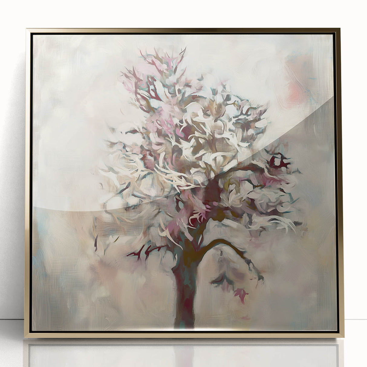Framed acrylic artwork showcasing a vibrant abstract floral design in gold tones, elegantly displayed against a clean white background, ideal for modern decor.