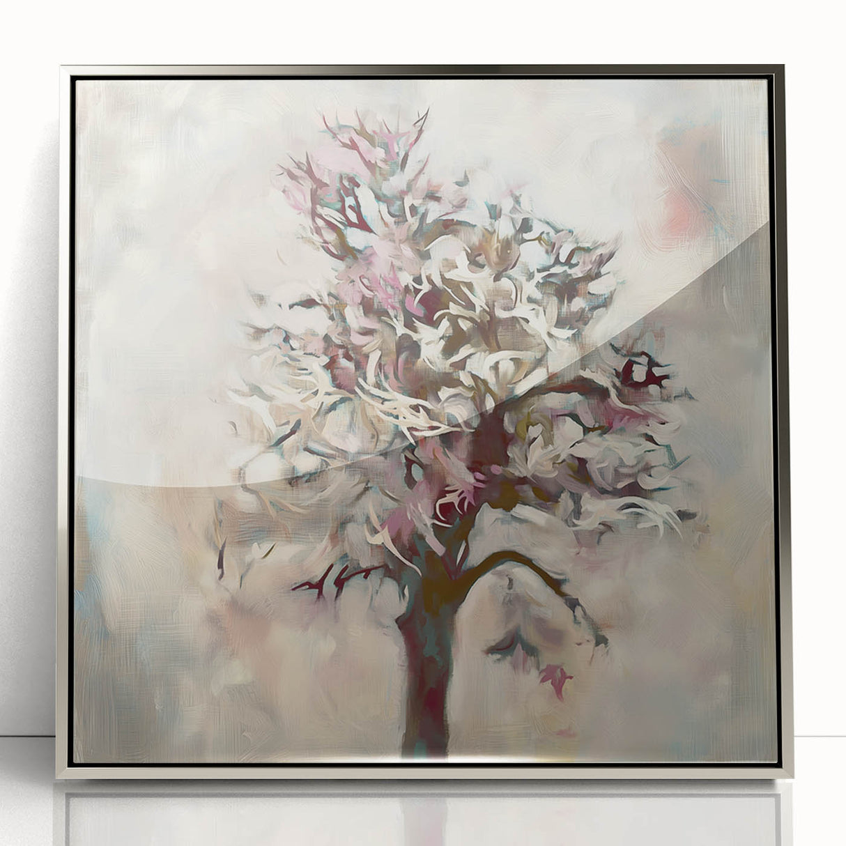 Framed acrylic artwork showcasing an abstract floral design in elegant silver tones, perfect for modern home decor. Ideal for enhancing living spaces elegantly.