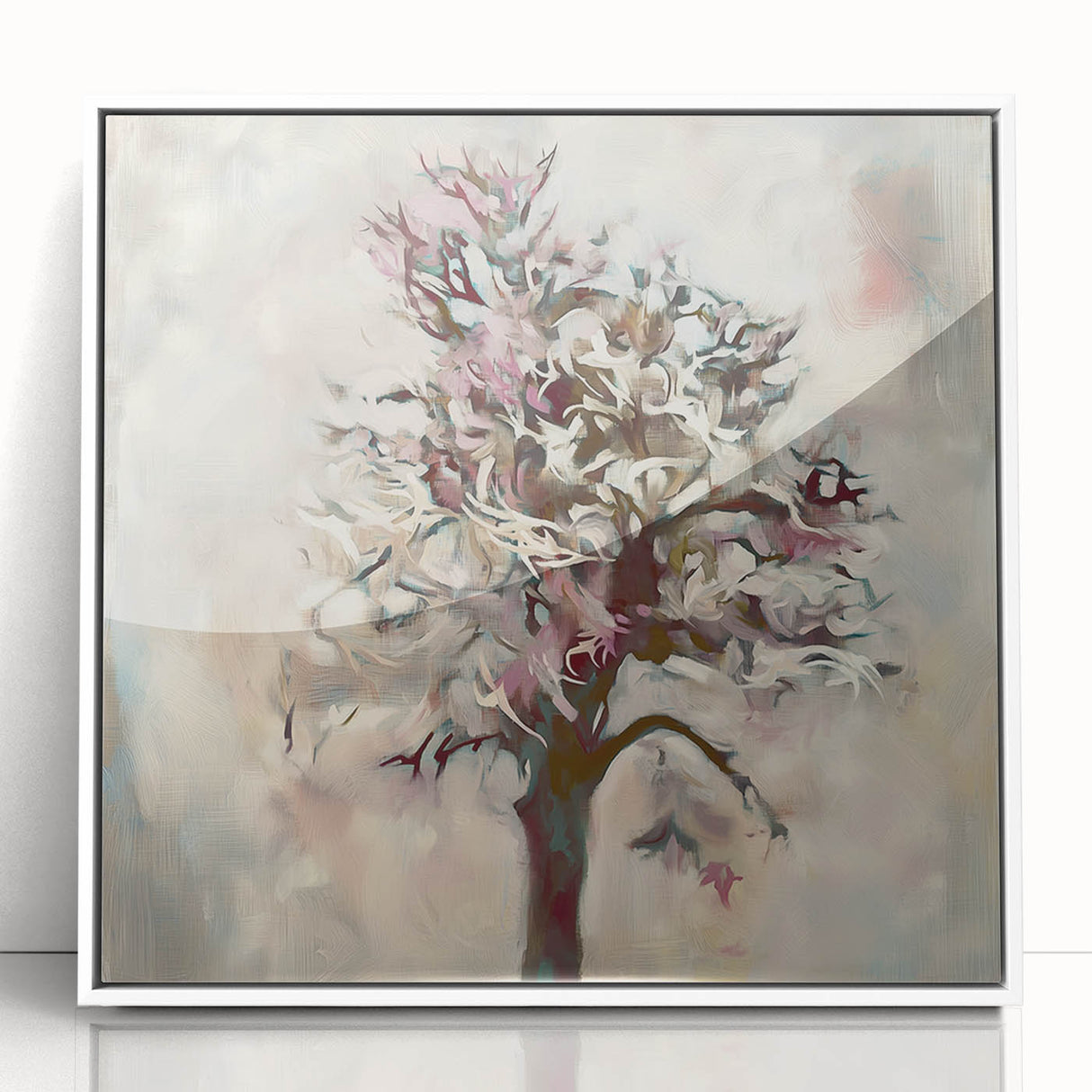 Framed acrylic artwork showcasing vibrant abstract florals in white, perfect for modern home decor. Ideal for brightening walls with a fresh, colorful touch.