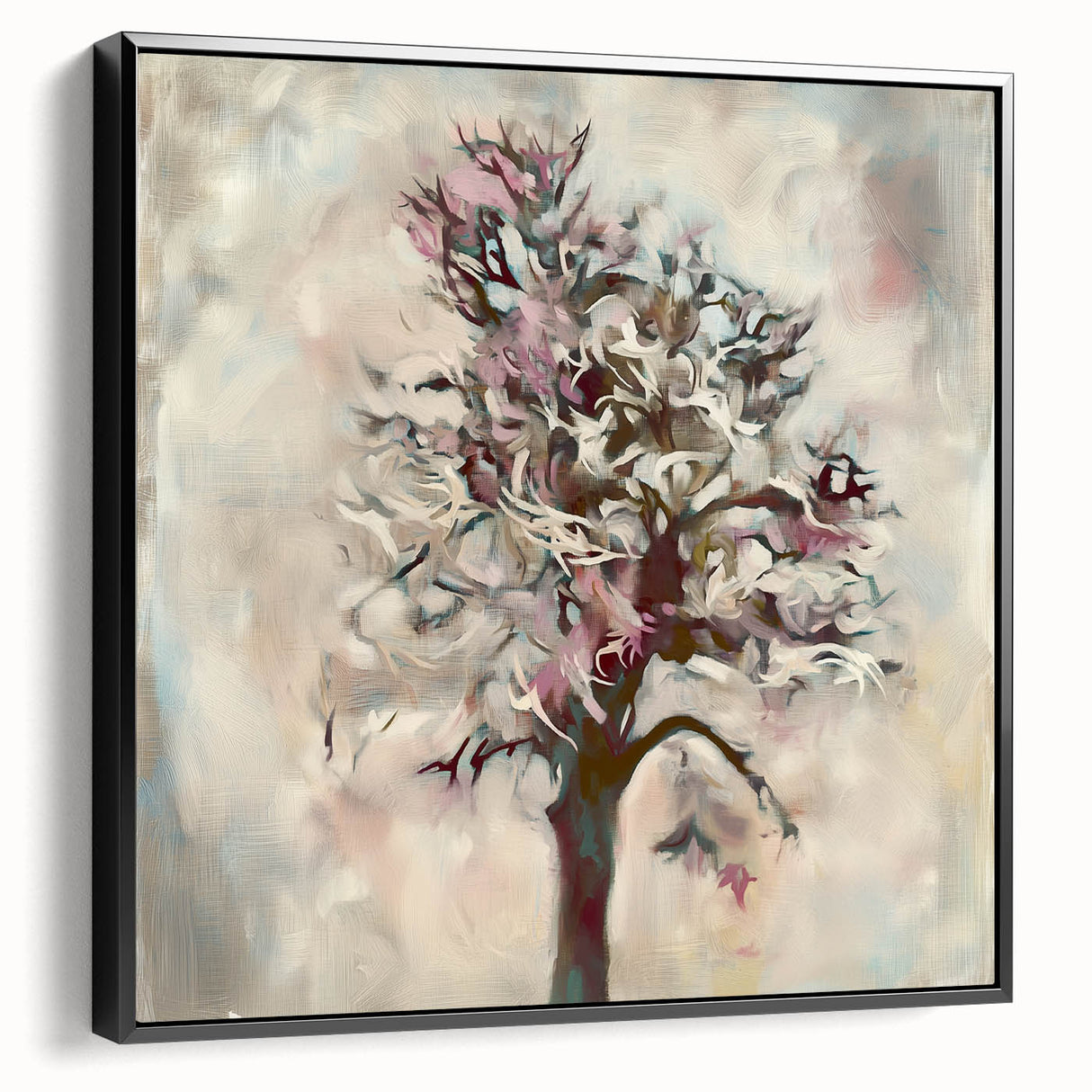Framed abstract floral canvas artwork featuring vibrant colors and intricate designs, displayed from a black side view, perfect for modern home decor.