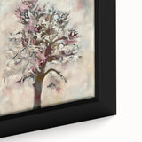 Close-up of a vibrant abstract floral framed canvas, showcasing intricate brushstrokes in rich blues, pinks, and greens, perfect for modern home decor.