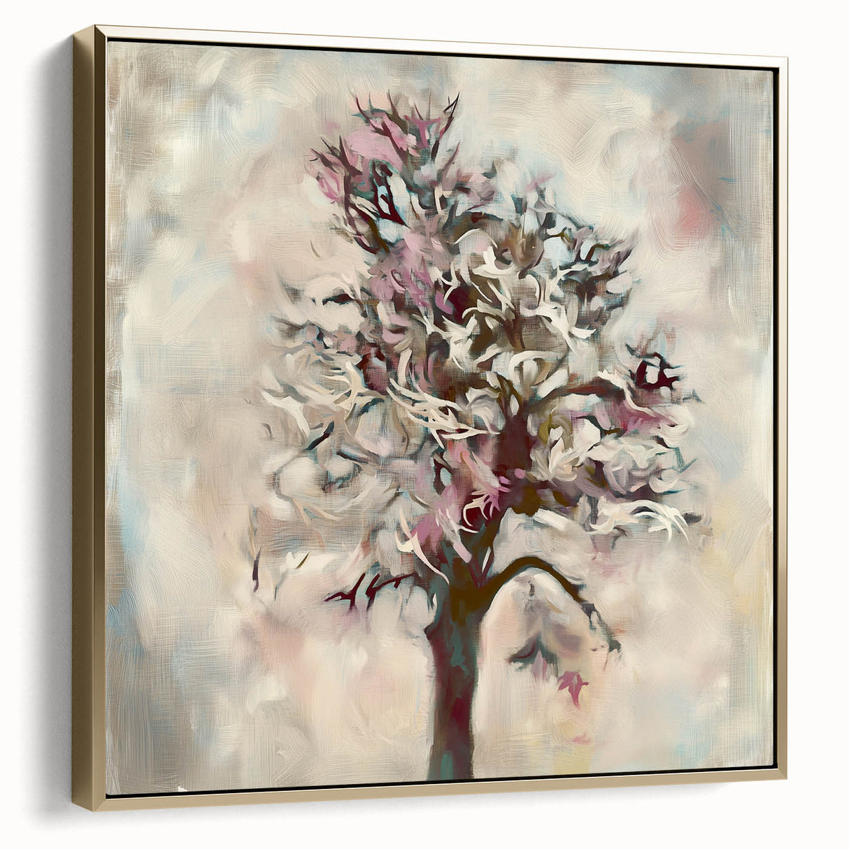 Framed canvas artwork showcasing an abstract floral design in silver and gold hues, elegantly displayed in a modern interior setting, enhancing home decor.