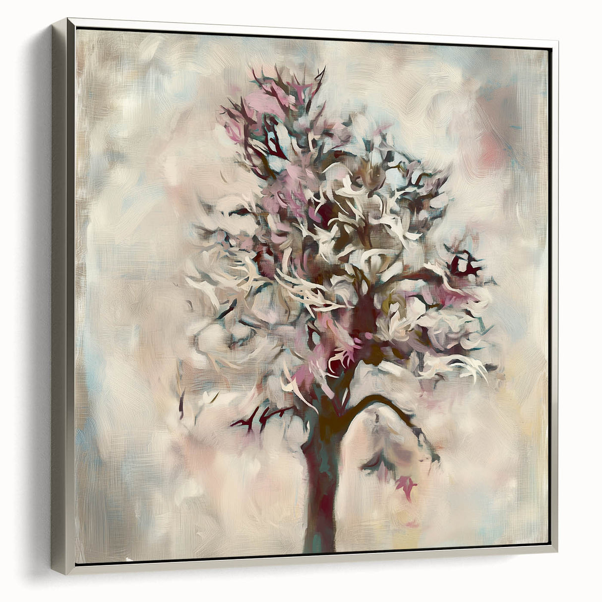 Framed canvas wall art showcasing abstract floral designs in vibrant colors with a sleek silver frame, ideal for modern home decor and artistic enhancements.