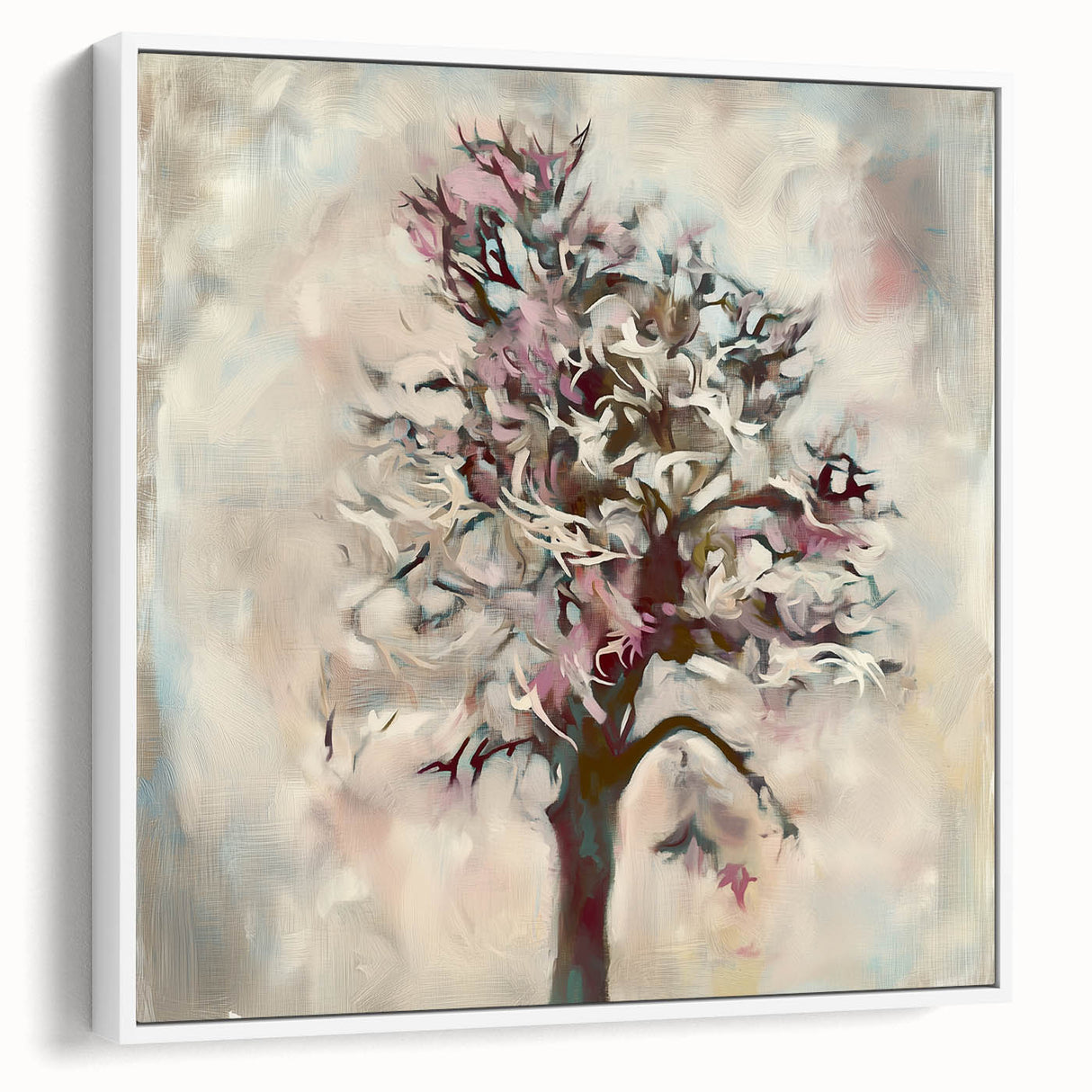 Framed canvas displaying an abstract floral design in vibrant colors, set against a white background, showcasing a modern artistic touch for home decor.