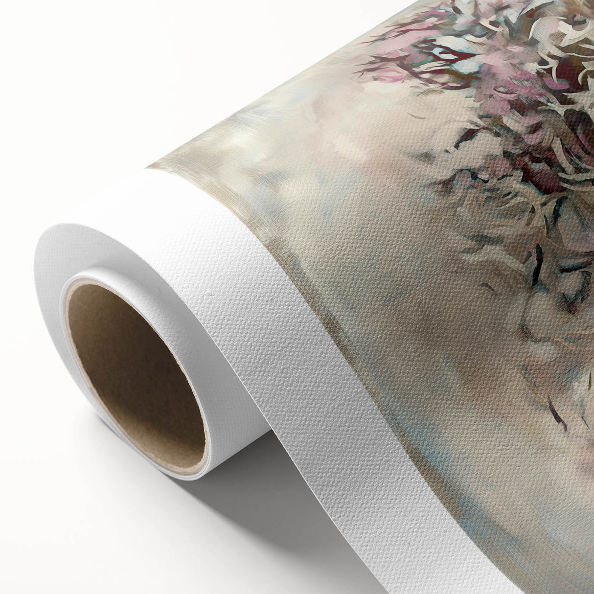 Abstract floral design rolled canvas art showcasing vibrant colors and intricate patterns, ideal for modern home decor, shipped in a protective cardboard tube.