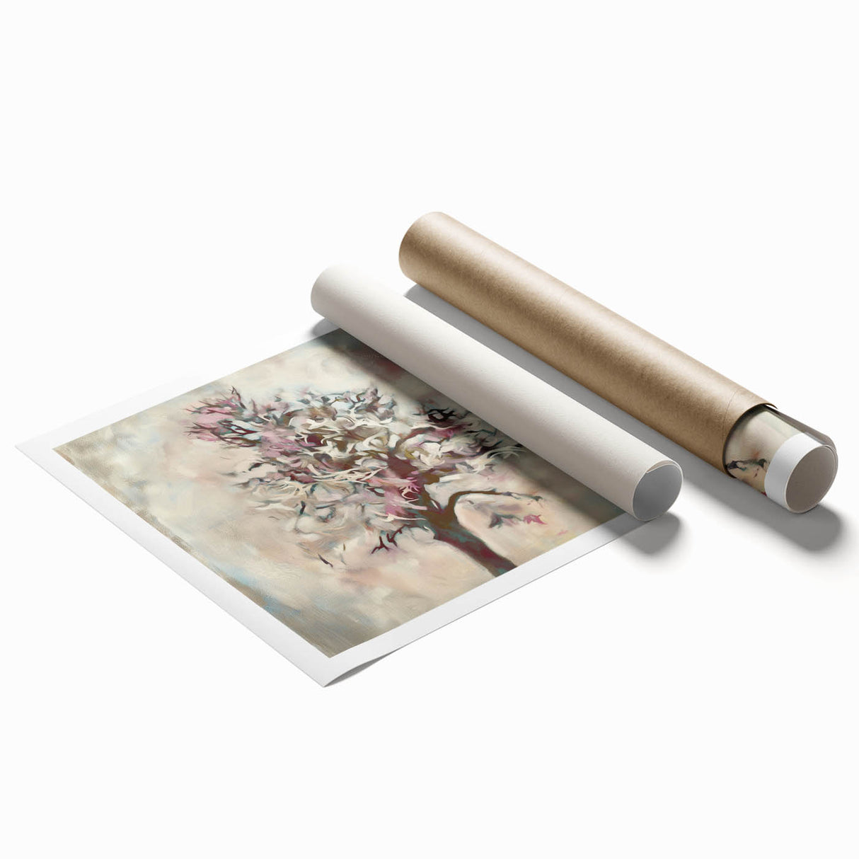 Abstract floral design rolled print showcasing vibrant colors and intricate patterns, perfect for contemporary home decor, neatly packaged for delivery.