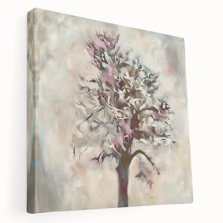 Abstract floral stretched canvas artwork showcasing vibrant hues of pink, blue, and green. The side view highlights its depth and texture, perfect for modern decor.