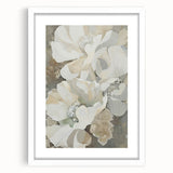 Abstract minimalist wall art featuring a sleek white frame, showcasing geometric shapes in soft tones, perfect for modern decor in living spaces or offices.