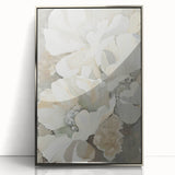 Framed abstract minimalist wall art showcasing a silver-acrylic design with sleek lines and soft hues, ideal for modern home decor and aesthetic enhancement.