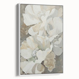 Abstract minimalist wall art in a white frame, showcasing soft pastel colors and geometric shapes, displayed at a slight angle to highlight its depth and texture.