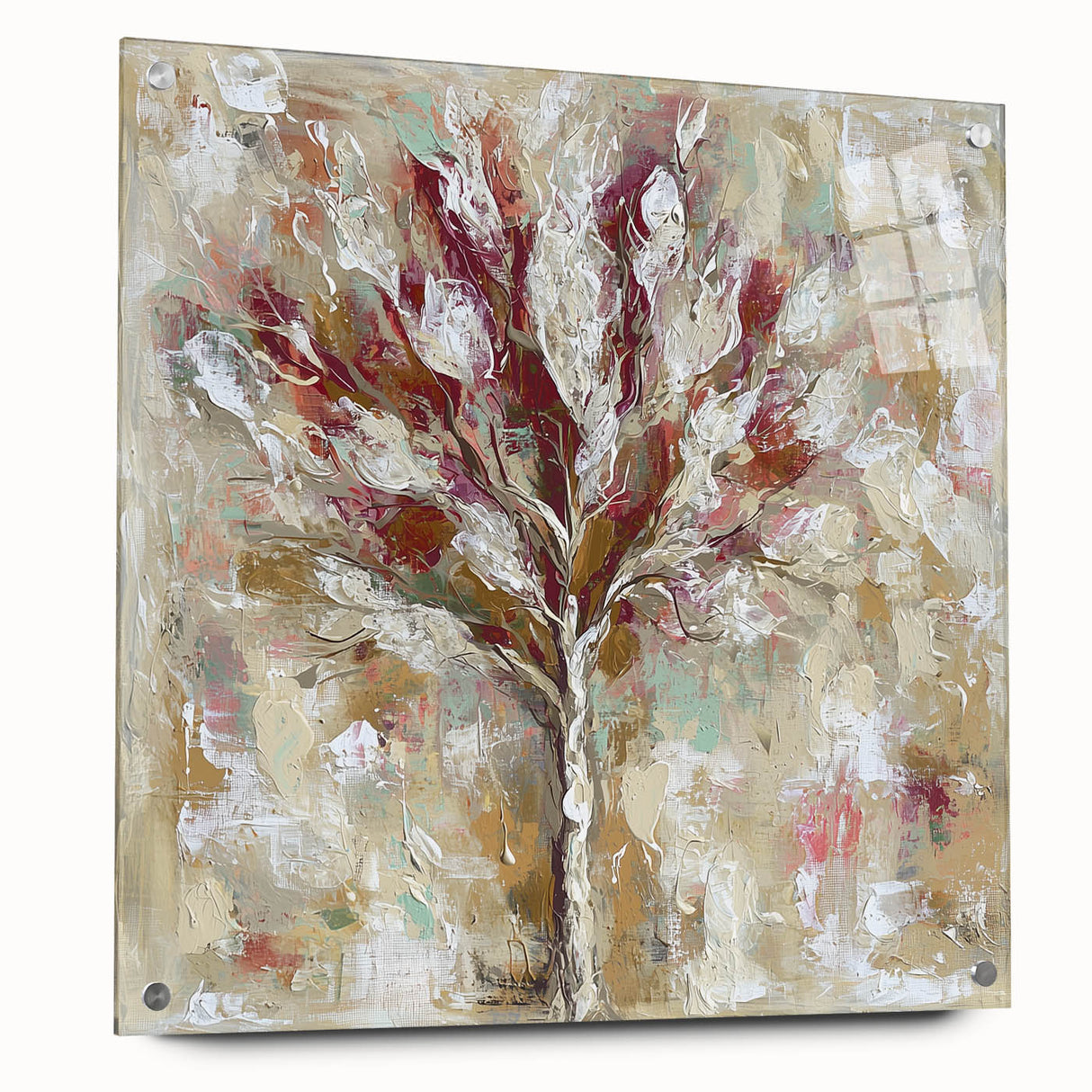 Abstract floral acrylic artwork displayed in a glass frame, highlighting vibrant colors and intricate patterns, ideal for modern home decor.