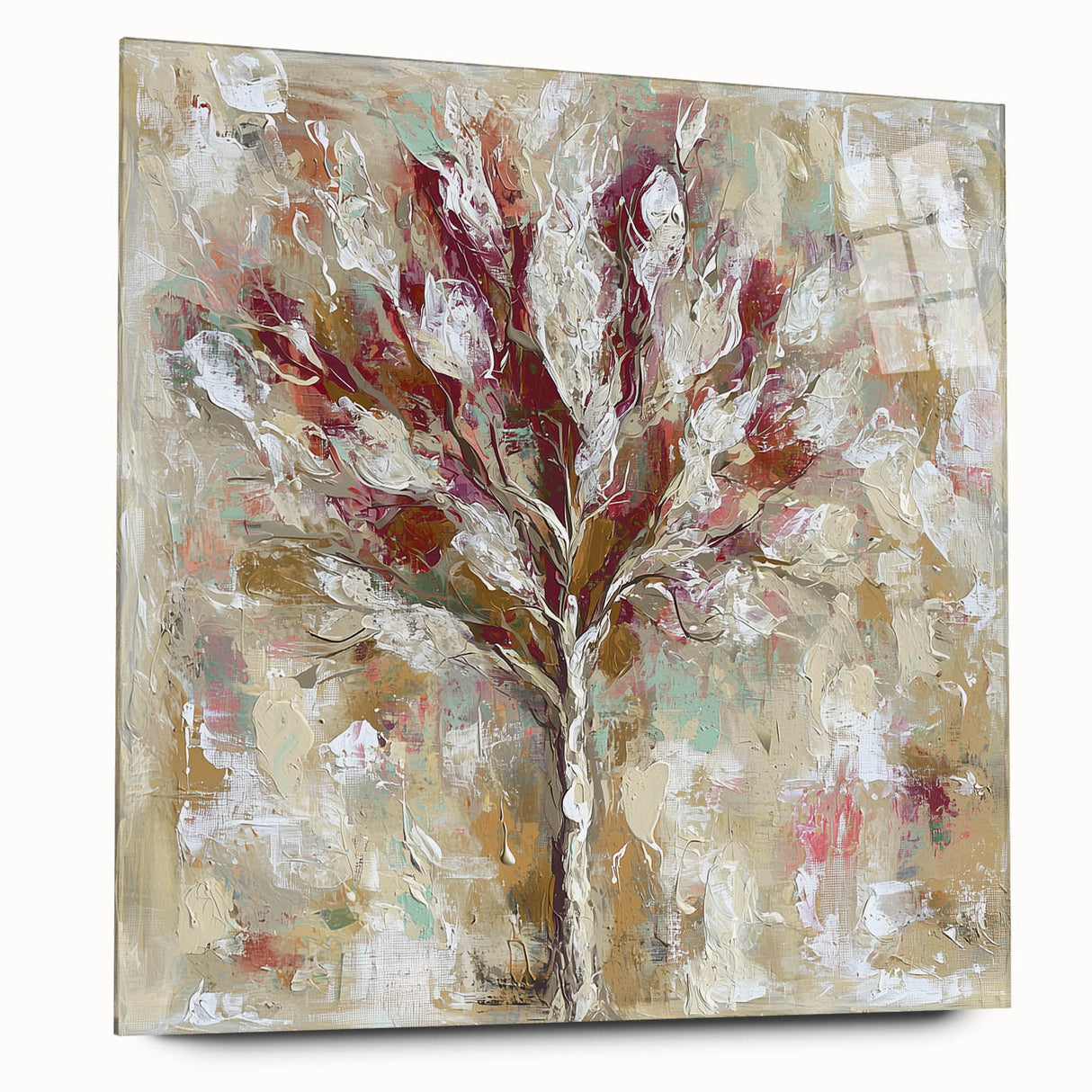 Abstract floral design on acrylic glass, showcasing vibrant colors and intricate details, viewed from the side without pins, ideal for modern decor.