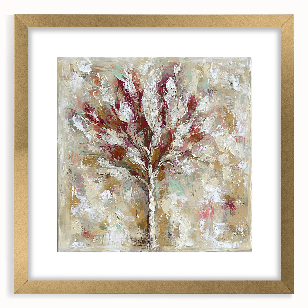 Elegant abstract floral frame art with a gold mat, showcasing vibrant colors and intricate designs, perfect for home decor or art collection.