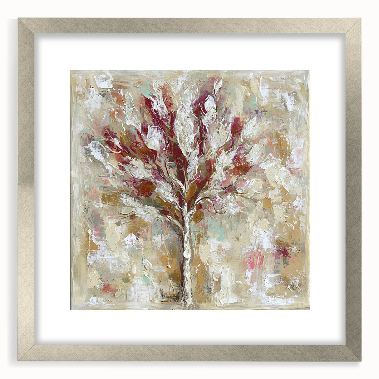 Abstract floral frame showcasing vibrant colors and intricate patterns, elegantly matted in silver, perfect for enhancing modern home decor or art collections.