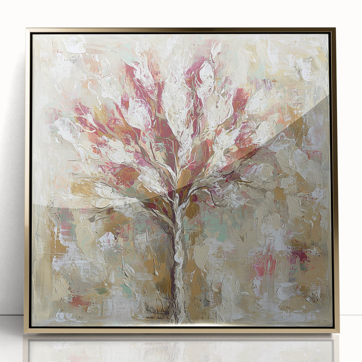 Framed acrylic artwork showcasing an abstract floral design in vibrant colors, elegantly bordered by a gold frame, ideal for modern home decor.