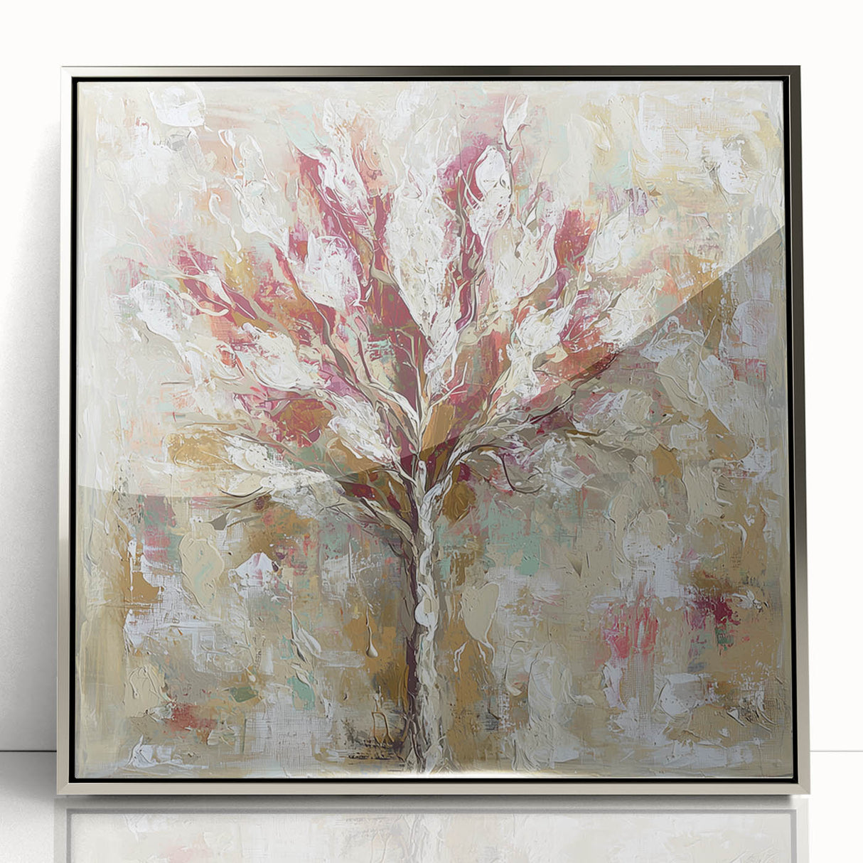 Framed acrylic artwork showcasing an abstract floral design in soft pastel colors, set against a sleek silver frame, ideal for modern home decor.
