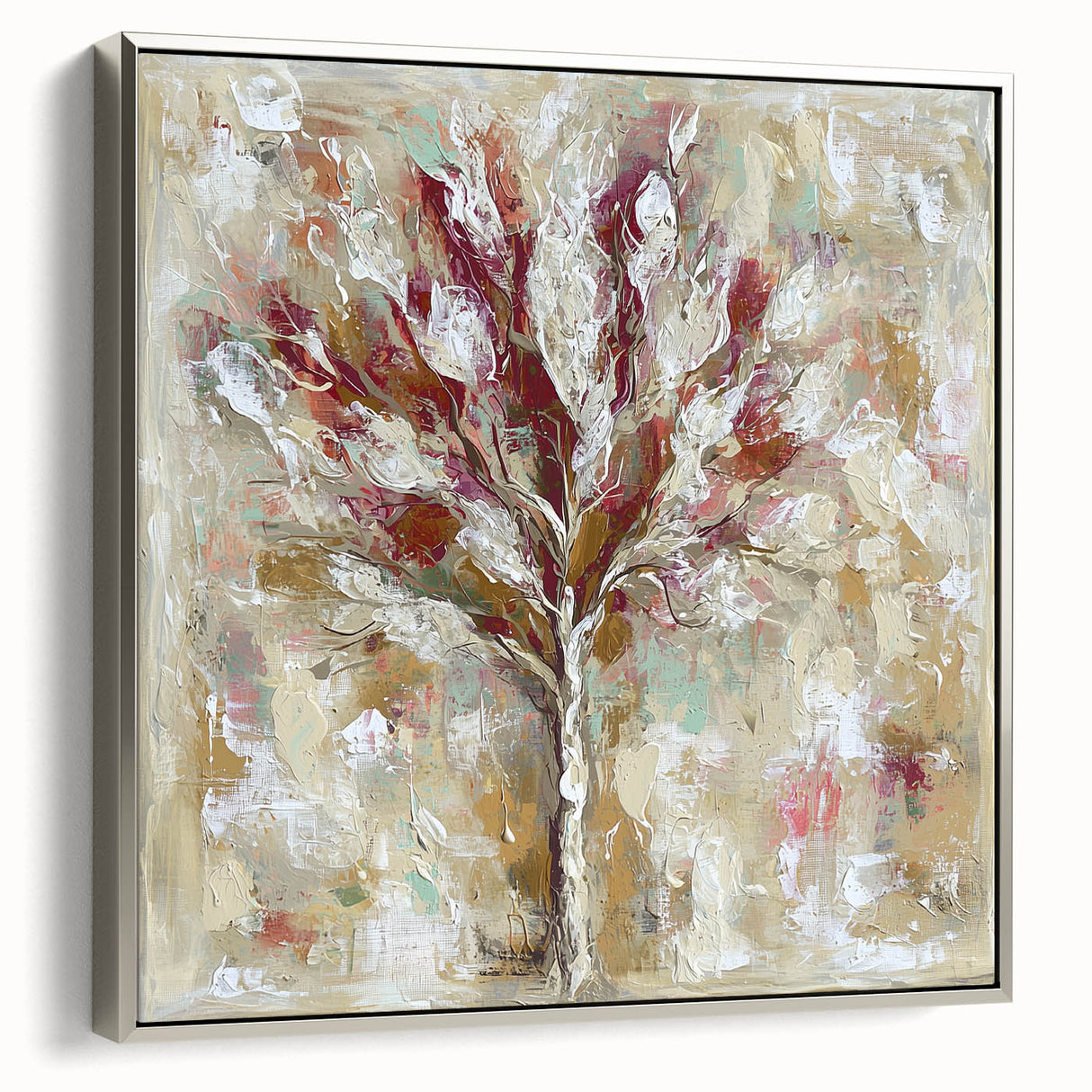 Framed canvas artwork showcasing abstract floral designs in vibrant colors, set against a silver frame, perfect for modern home décor and artistic expression.