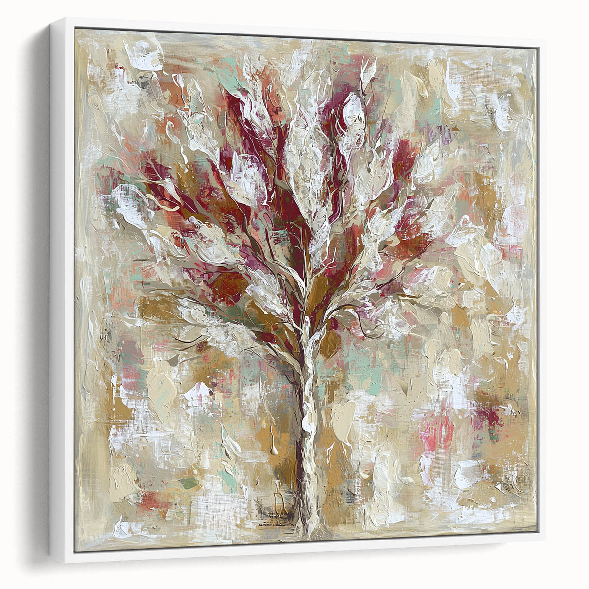 Framed canvas artwork showcasing an abstract floral design with vibrant colors, displayed in a sleek white frame, enhancing modern decor aesthetics.