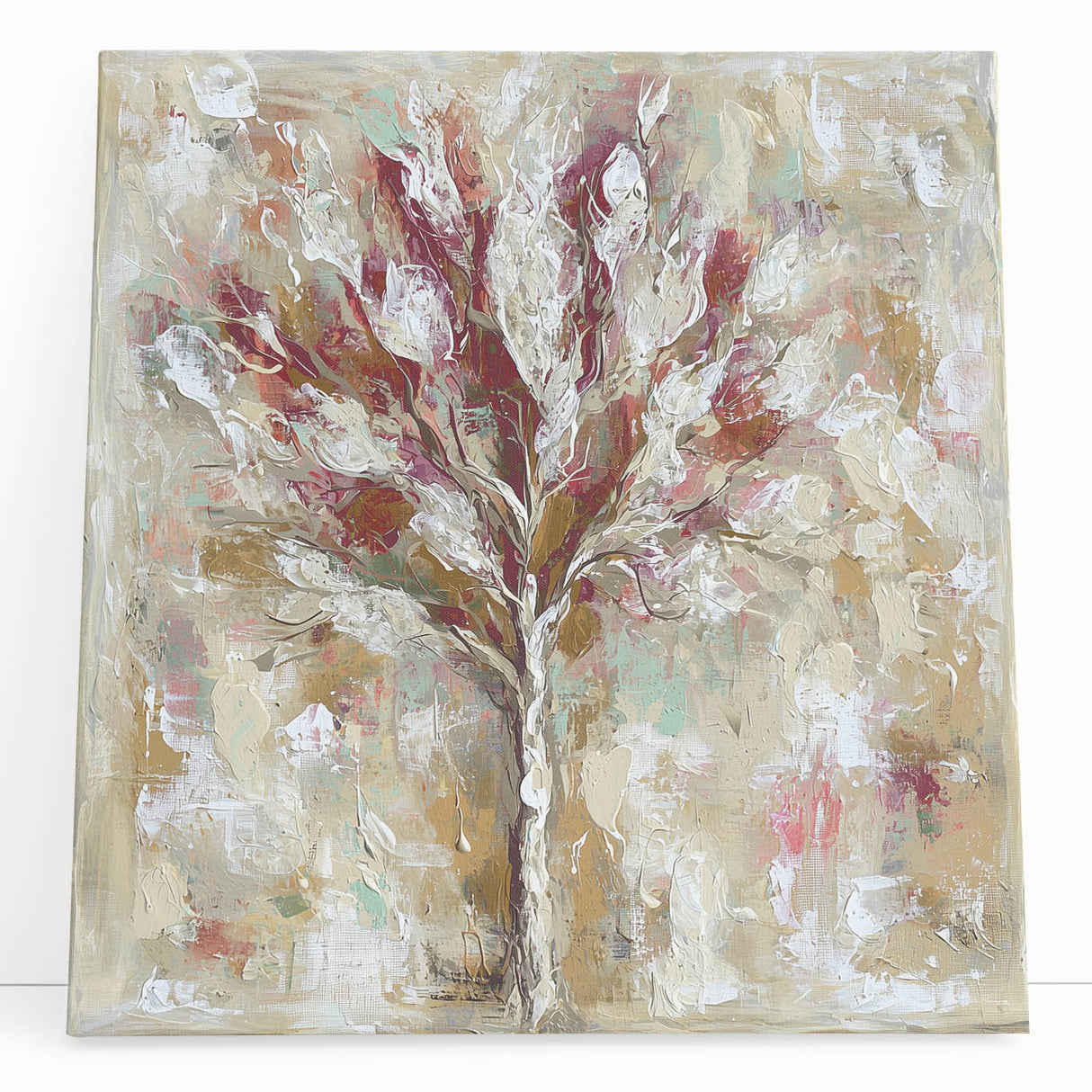 Abstract floral design on stretched canvas, showcasing vibrant colors and intricate patterns, leaning against a neutral-toned wall, perfect for modern decor.