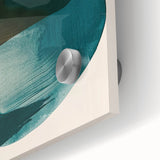 Close-up of an abstract minimalist wall art piece, showcasing vibrant colors and fluid shapes on acrylic glass, perfect for modern decor.