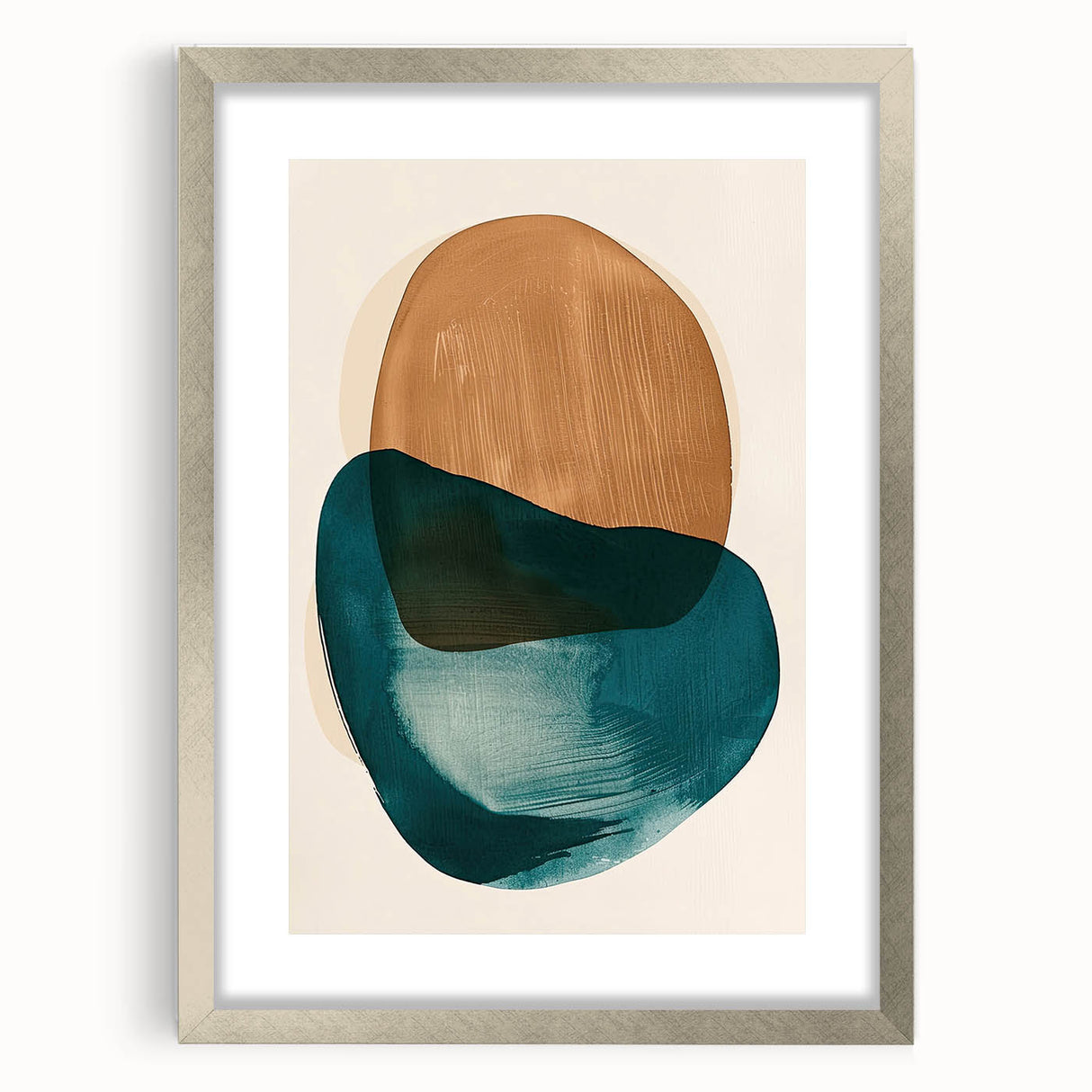 Abstract minimalist wall art framed in silver, showcasing a sleek design with a white mat, perfect for modern home decor. Ideal for enhancing contemporary interiors.