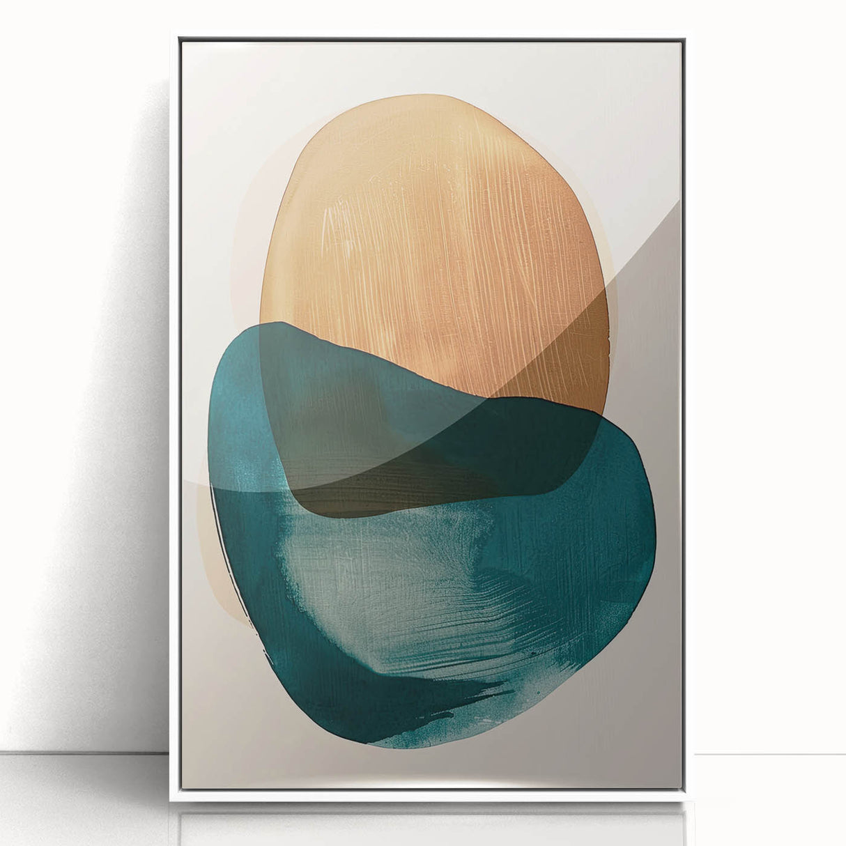 Abstract minimalist wall art framed in white acrylic, showcasing soft pastel colors and geometric shapes, perfect for modern home decor.