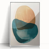 Abstract minimalist wall art framed in white acrylic, showcasing soft pastel colors and geometric shapes, perfect for modern home decor.