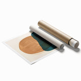 Abstract minimalist wall art print showcasing soft pastel colors and geometric shapes, elegantly rolled and ready for display, emphasizing modern decor aesthetics.