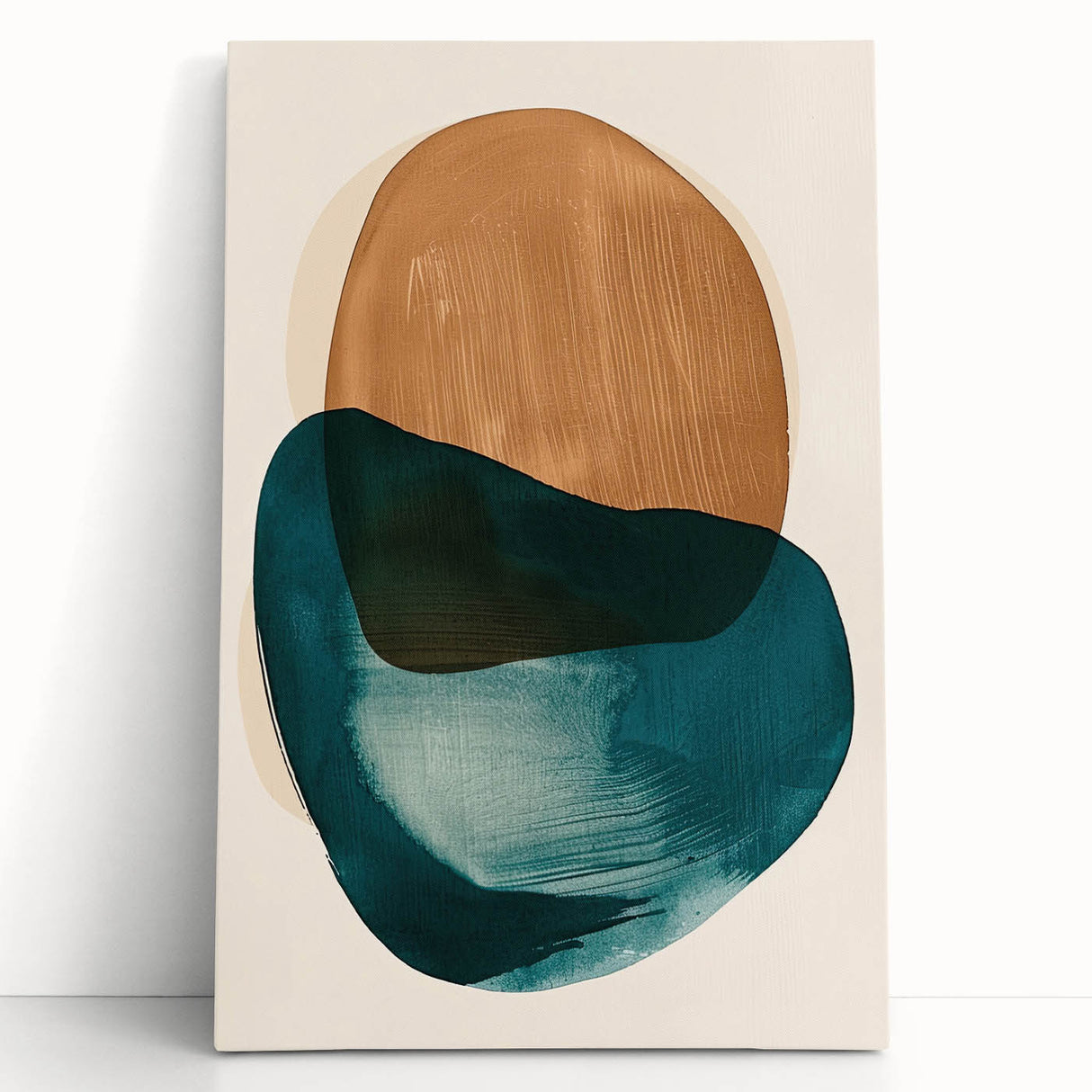 Abstract minimalist wall art on stretched canvas, displaying soft beige and cream tones, leaning against a neutral wall, perfect for modern decor.