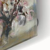 Abstract floral acrylic artwork displayed in vibrant hues of blue, pink, and gold, showcasing intricate details and a glossy finish, perfect for modern home decor.