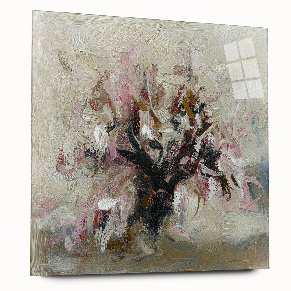Abstract floral acrylic art piece displayed from a side view, showcasing vibrant colors and intricate designs on transparent glass, perfect for modern home decor.