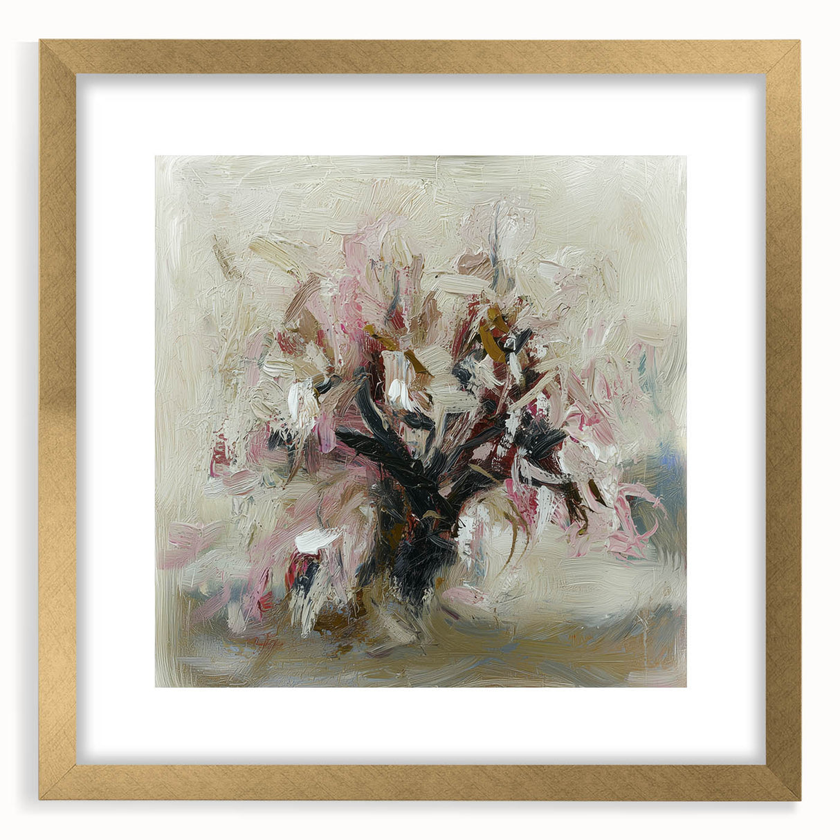 Abstract floral art frame with a gold mat, showcasing vibrant colors and intricate designs, ideal for modern home decor or artistic display. Perfect for enhancing interior aesthetics.