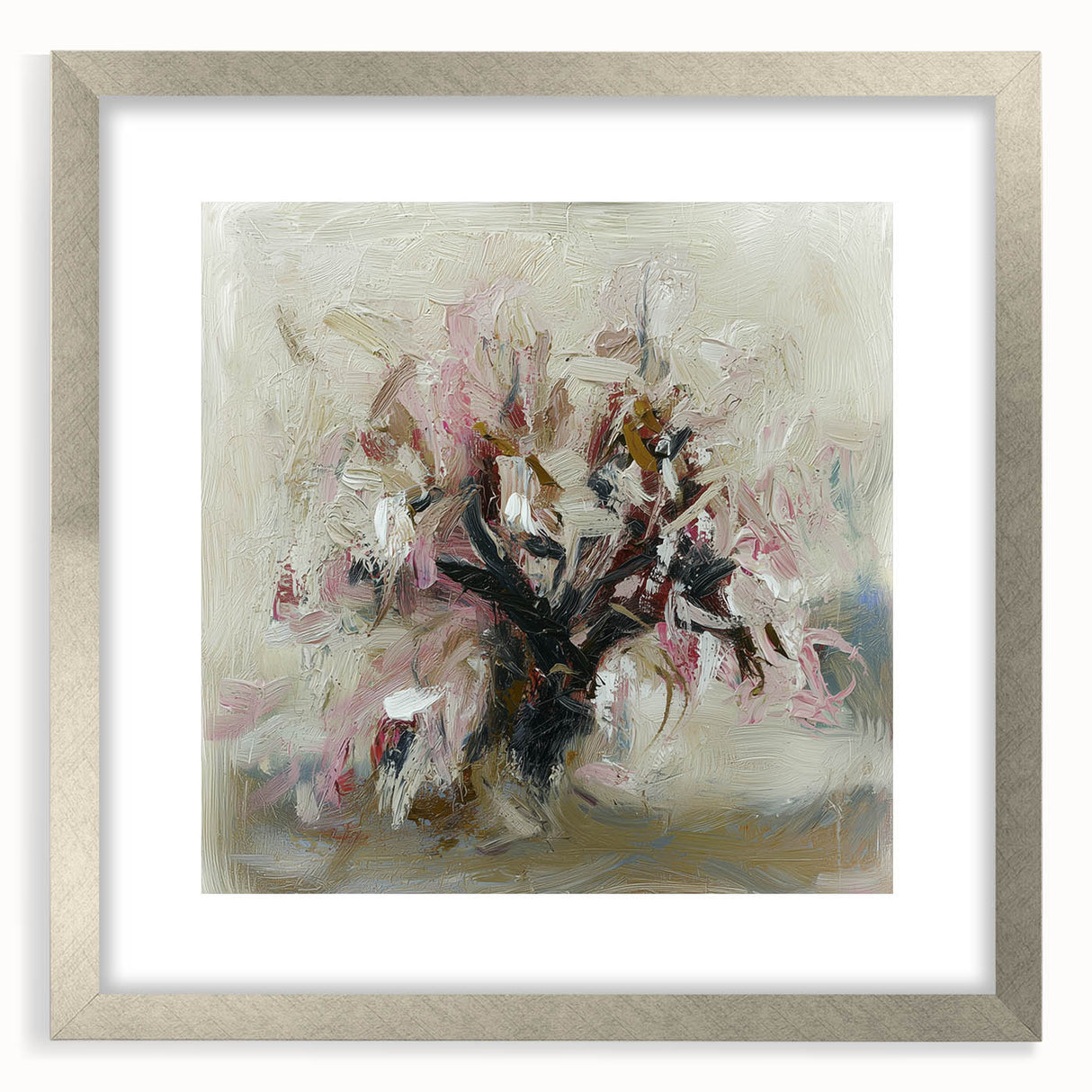 Abstract floral frame with a silver mat showcasing vibrant flower patterns, perfect for home decor, enhancing modern interiors with a touch of elegance.