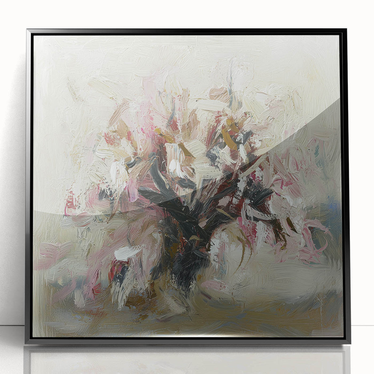 Framed acrylic artwork showcasing abstract floral designs in vibrant colors, set against a sleek black frame, perfect for modern home decor.